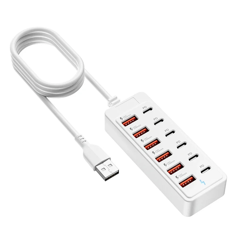 12 in 1 6USB 6PD Charger Fast Charging USB Hub Power Strip With 1M Cord USB C Converter Desktop Charging Station for Home Office