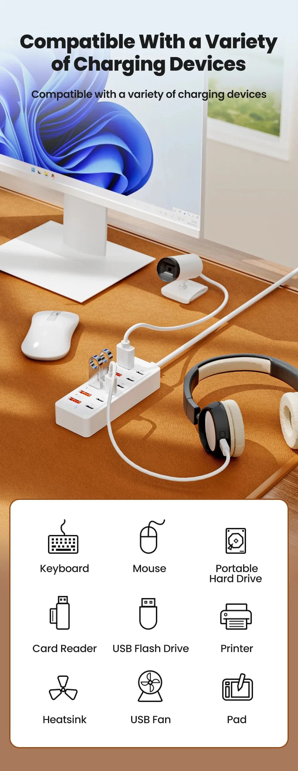 12 in 1 6USB 6PD Charger Fast Charging USB Hub Power Strip With 1M Cord USB C Converter Desktop Charging Station for Home Office