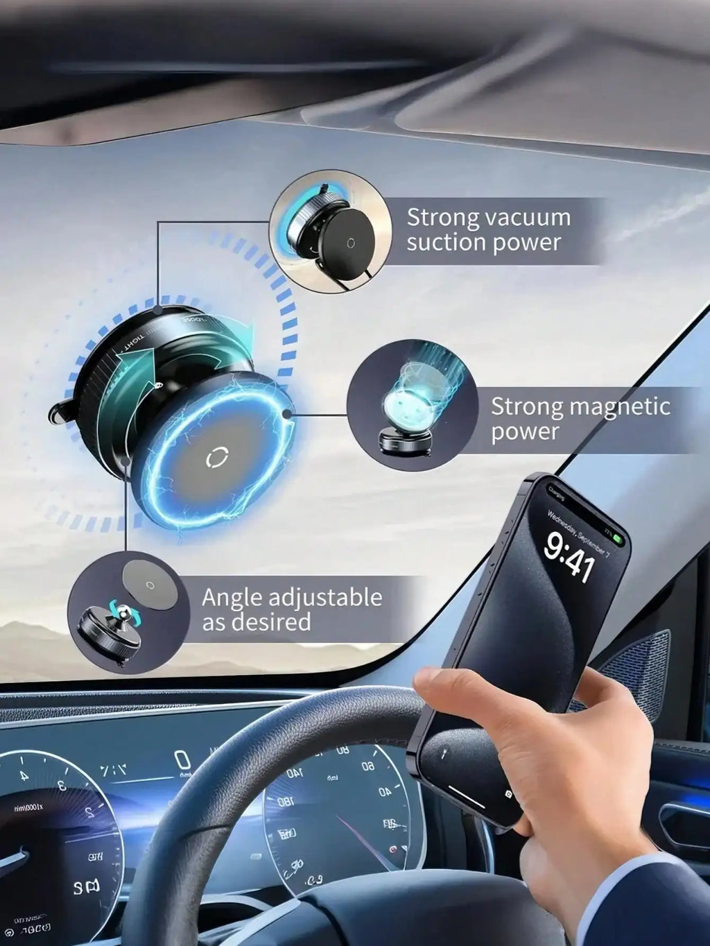 Universal Car Phone Mount - Dual Fixation: Vacuum Suction & N52 Magnetic Adsorption, Windshield/Dashboard Compatible