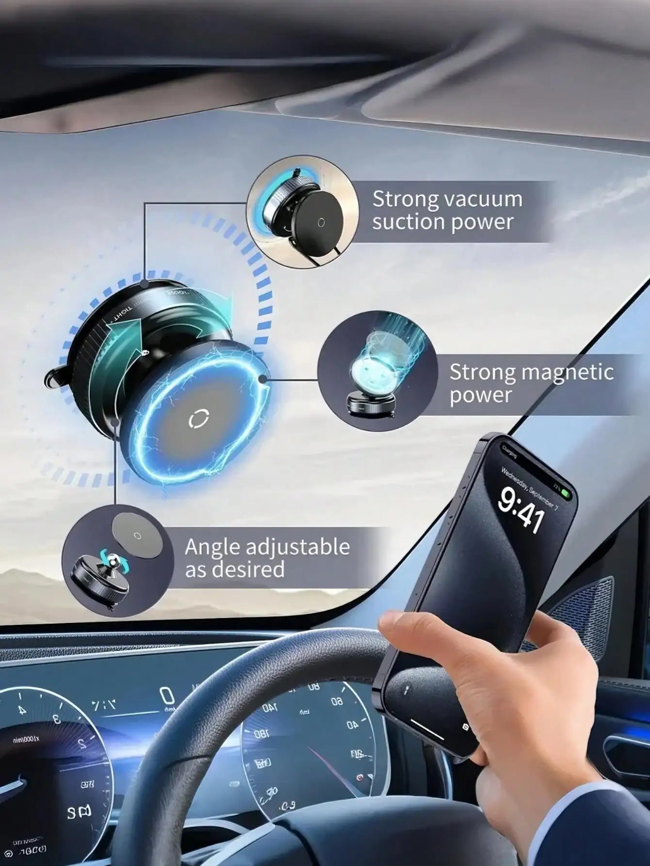 Universal Car Phone Mount - Dual Fixation: Vacuum Suction & N52 Magnetic Adsorption, Windshield/Dashboard Compatible