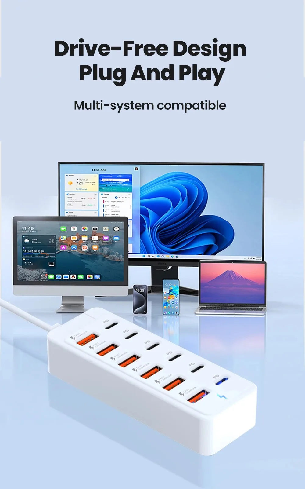 12 in 1 6USB 6PD Charger Fast Charging USB Hub Power Strip With 1M Cord USB C Converter Desktop Charging Station for Home Office