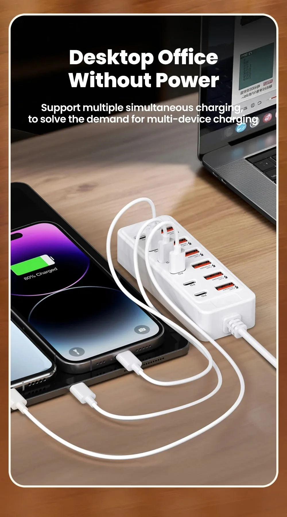 12 in 1 6USB 6PD Charger Fast Charging USB Hub Power Strip With 1M Cord USB C Converter Desktop Charging Station for Home Office