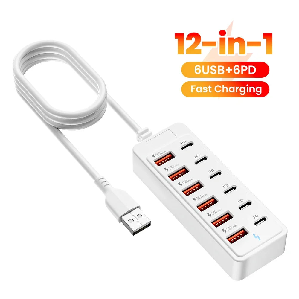 12 in 1 6USB 6PD Charger Fast Charging USB Hub Power Strip With 1M Cord USB C Converter Desktop Charging Station for Home Office