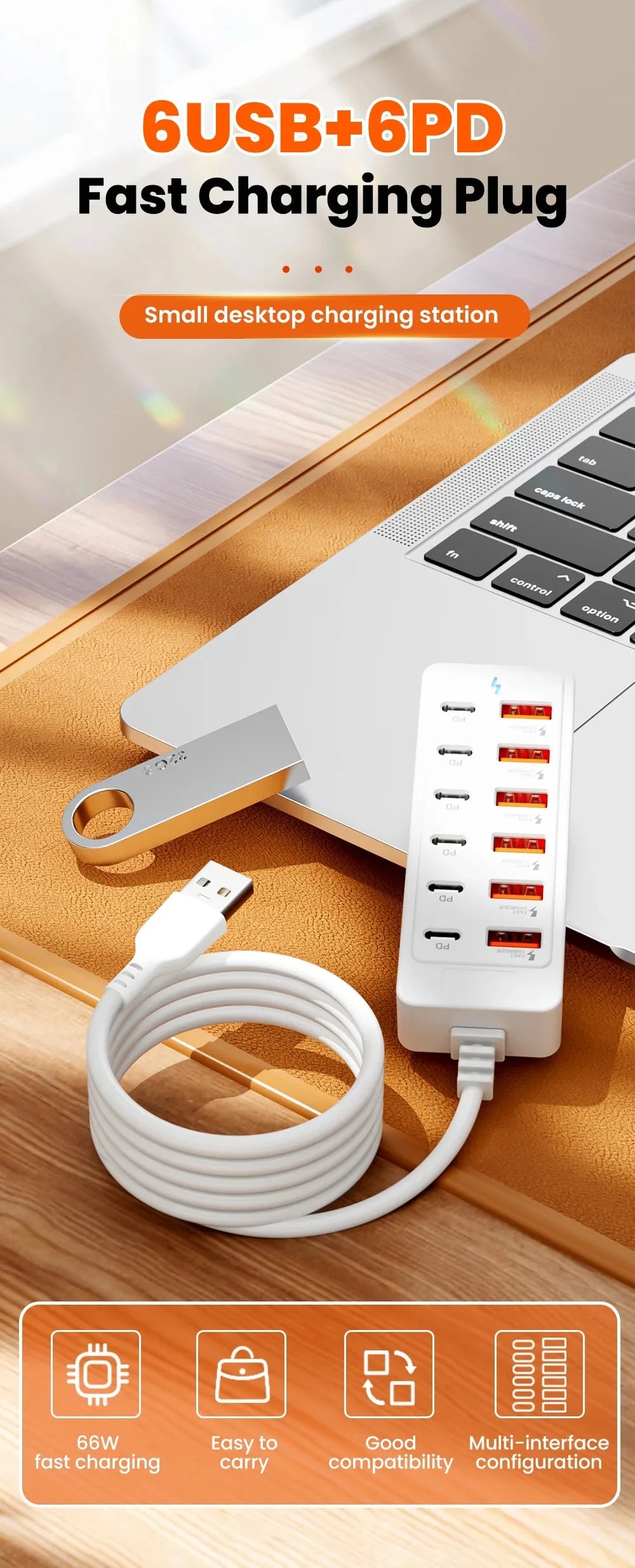 12 in 1 6USB 6PD Charger Fast Charging USB Hub Power Strip With 1M Cord USB C Converter Desktop Charging Station for Home Office