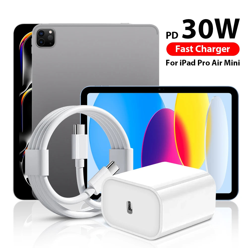 PD 30W USB C Charger For iPad A16 10 9 10th 9th Generation Air 13 11th Pro 11 12.9 M5 M4 M3 M2 Mini 7 iPhone Tablet Type C Cable