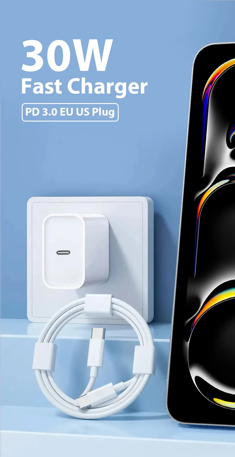 PD 30W USB C Charger For iPad A16 10 9 10th 9th Generation Air 13 11th Pro 11 12.9 M5 M4 M3 M2 Mini 7 iPhone Tablet Type C Cable