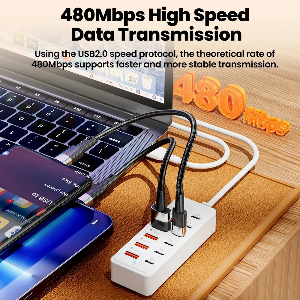 12 in 1 6USB 6PD Charger Fast Charging USB Hub Power Strip With 1M Cord USB C Converter Desktop Charging Station for Home Office