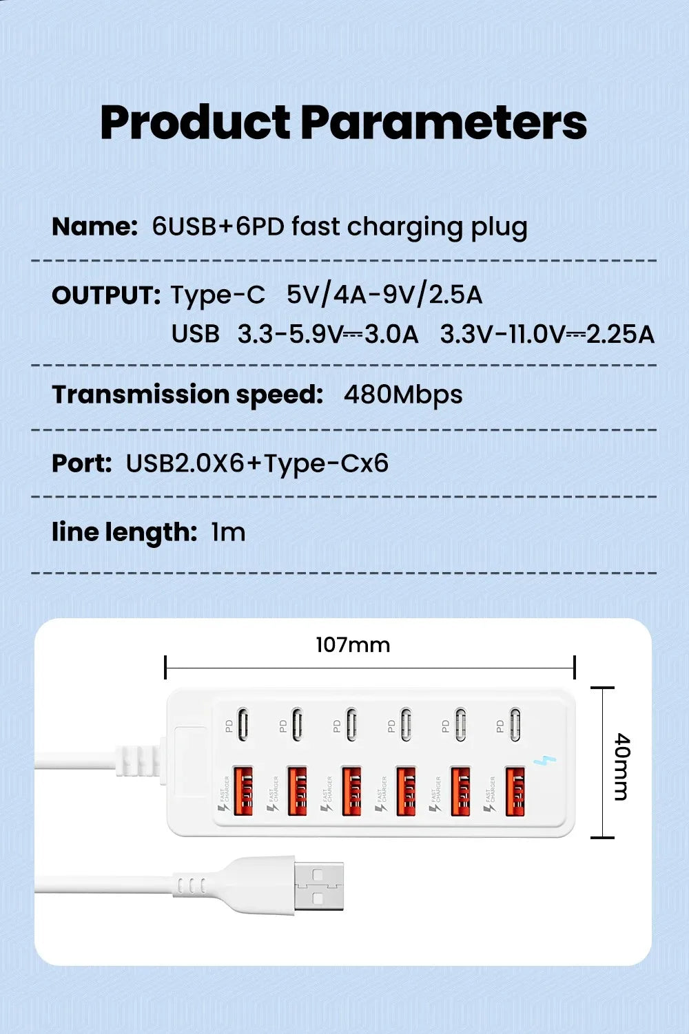 12 in 1 6USB 6PD Charger Fast Charging USB Hub Power Strip With 1M Cord USB C Converter Desktop Charging Station for Home Office