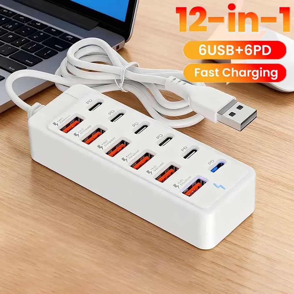12 in 1 6USB 6PD Charger Fast Charging USB Hub Power Strip With 1M Cord USB C Converter Desktop Charging Station for Home Office