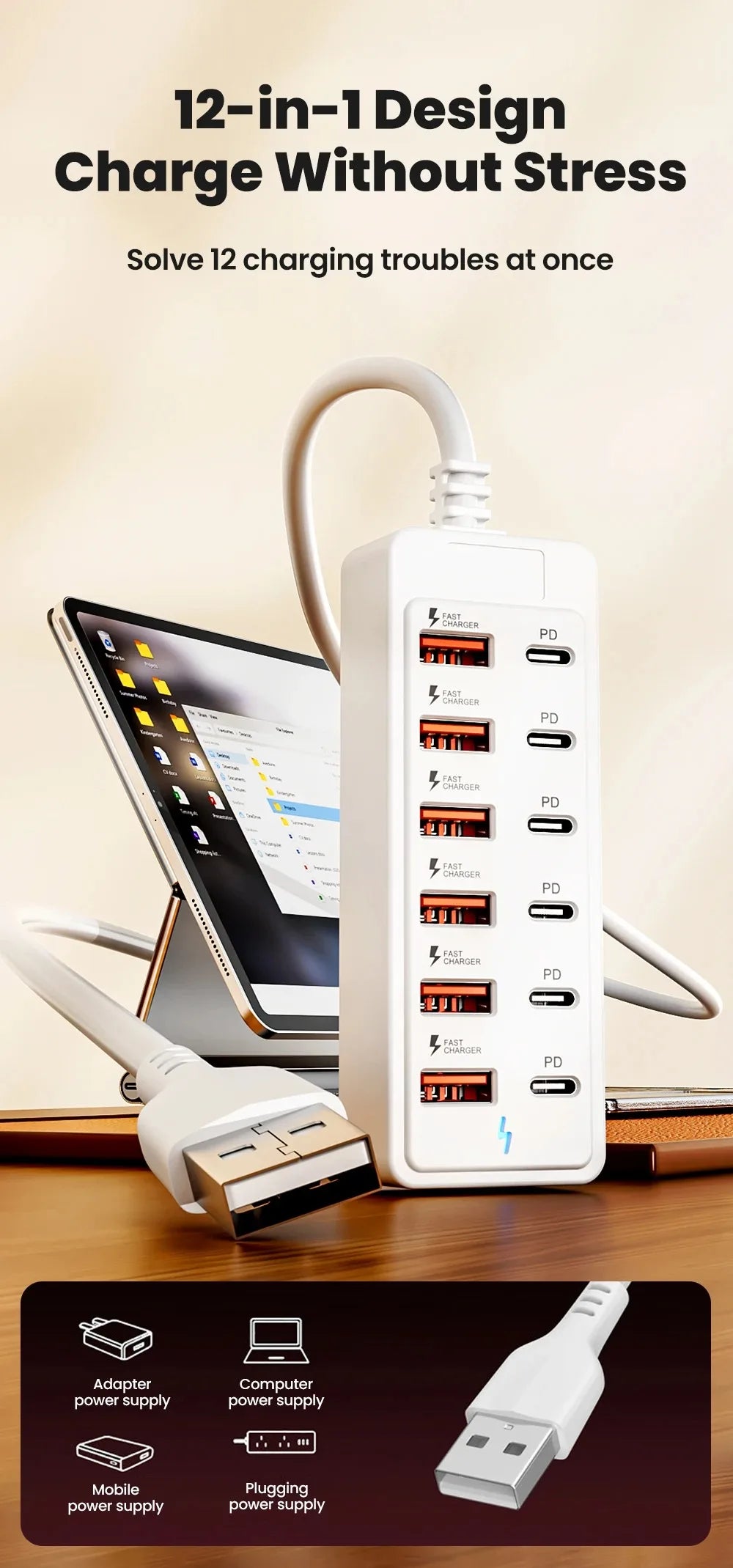 12 in 1 6USB 6PD Charger Fast Charging USB Hub Power Strip With 1M Cord USB C Converter Desktop Charging Station for Home Office