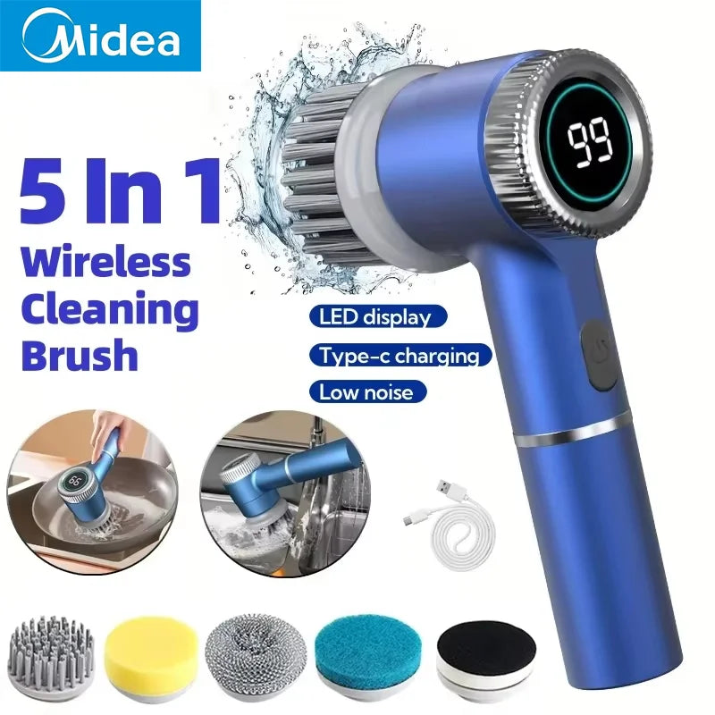 Midea Electric Spin Scrubber Cleaning Brush Multifunctional With 5 Replaceable Brush Head Led Display Kitchen Toilet Cleanbrush