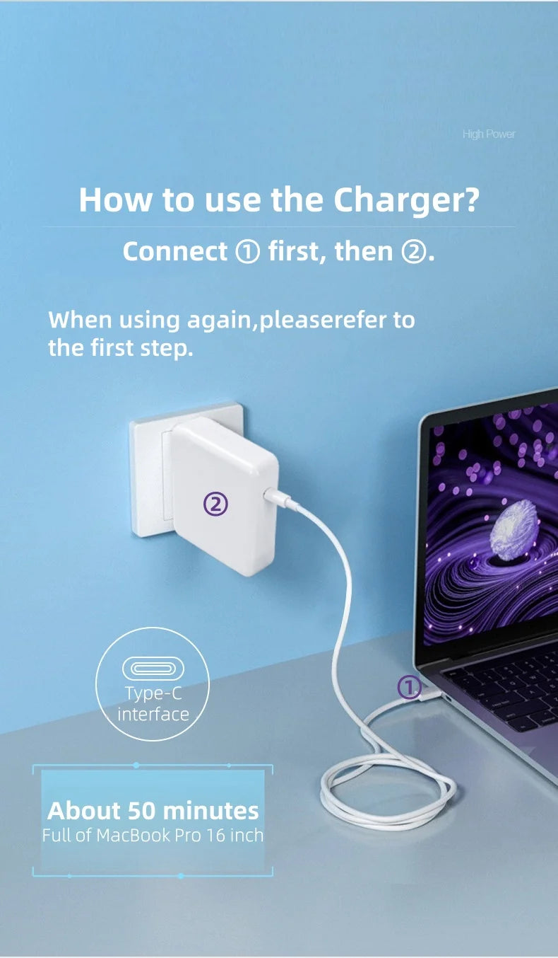 96W USB C Charger for MacBook Pro 16, 15, 14, 13 Inch M3 M2 M1 MacBook Air, USB-C Power Adapter for Laptop, with 6.6 ft 5A Cable