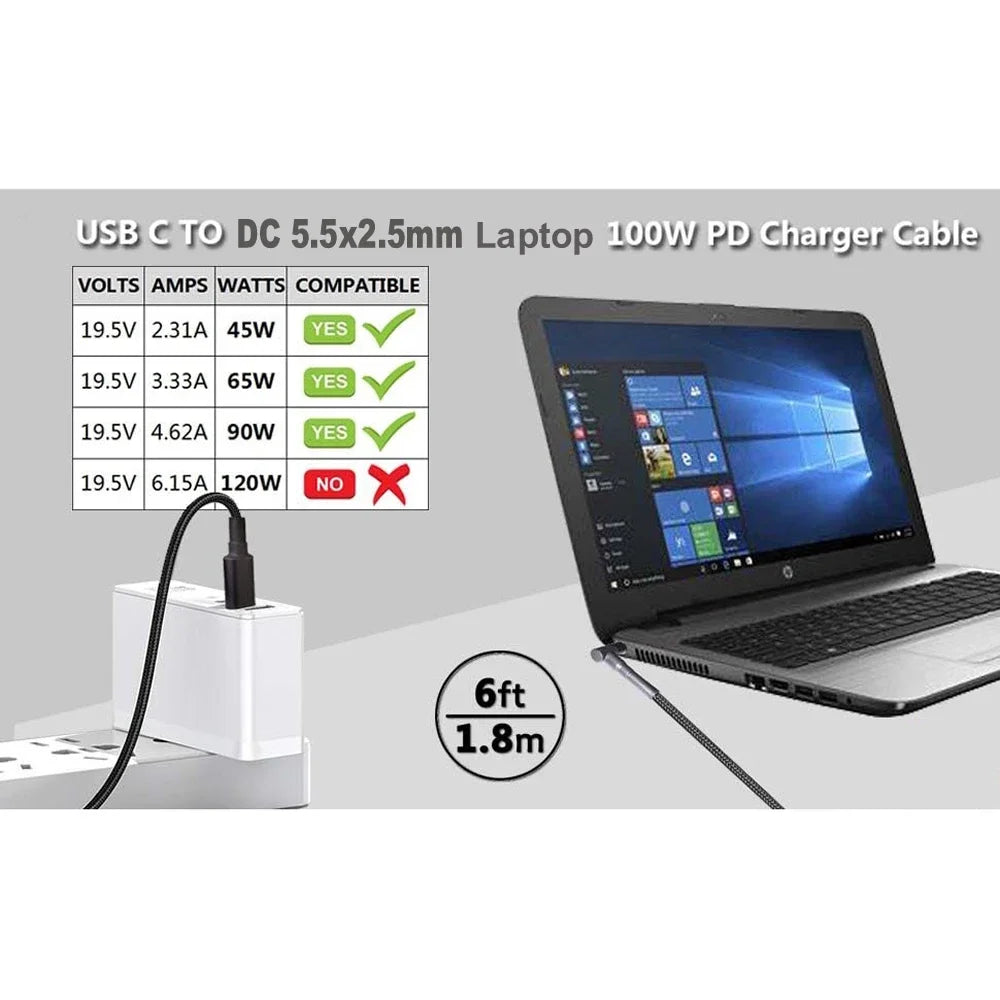 100W USB-C to DC 5.5x2.5mm Laptop Charger - Fast Charging PD Cable for Asus, Lenovo, Toshiba (18-20V)